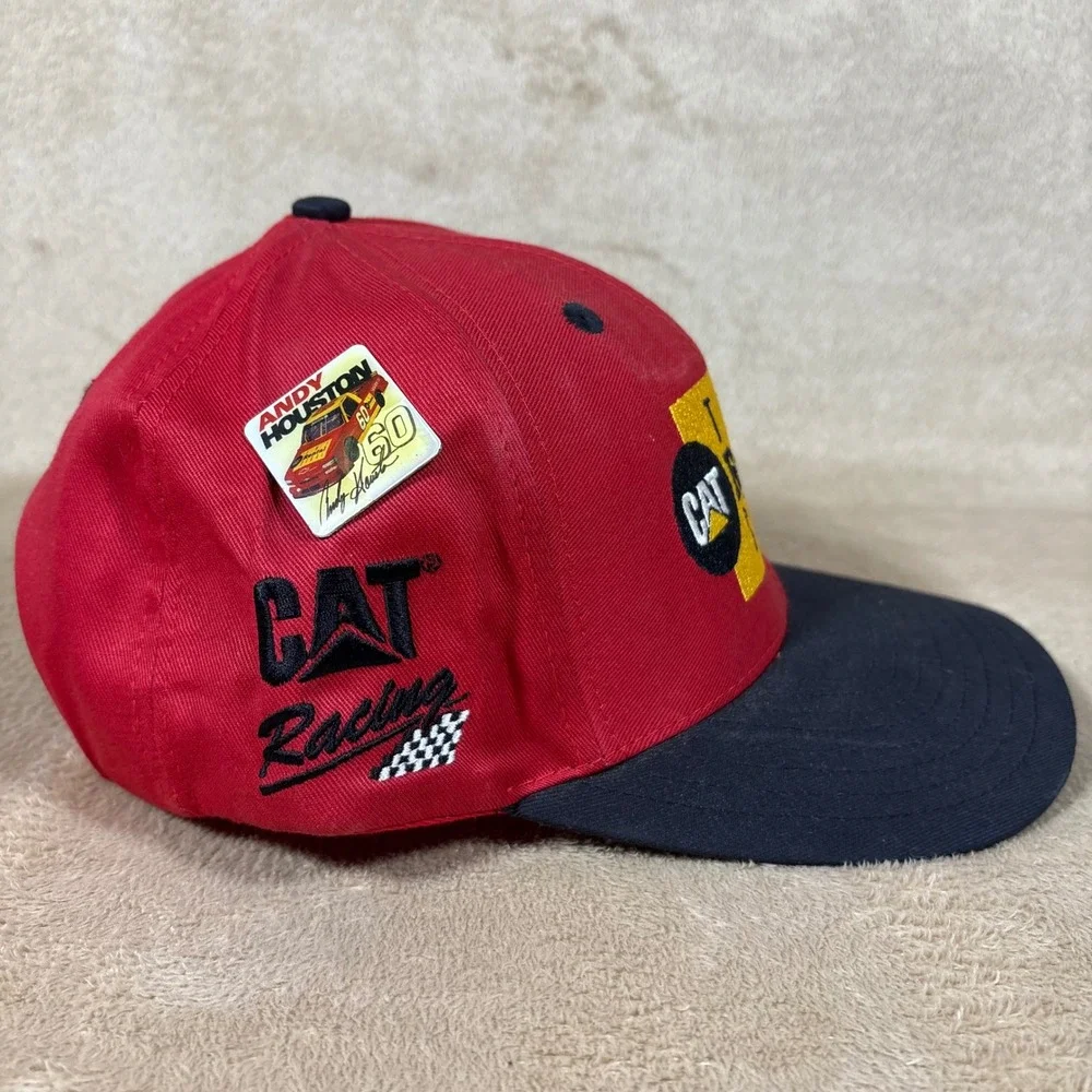 Vintage 90s Cotton‎ Snapback CAT Nascar Andy Houston Hat w/ Lapel Pin